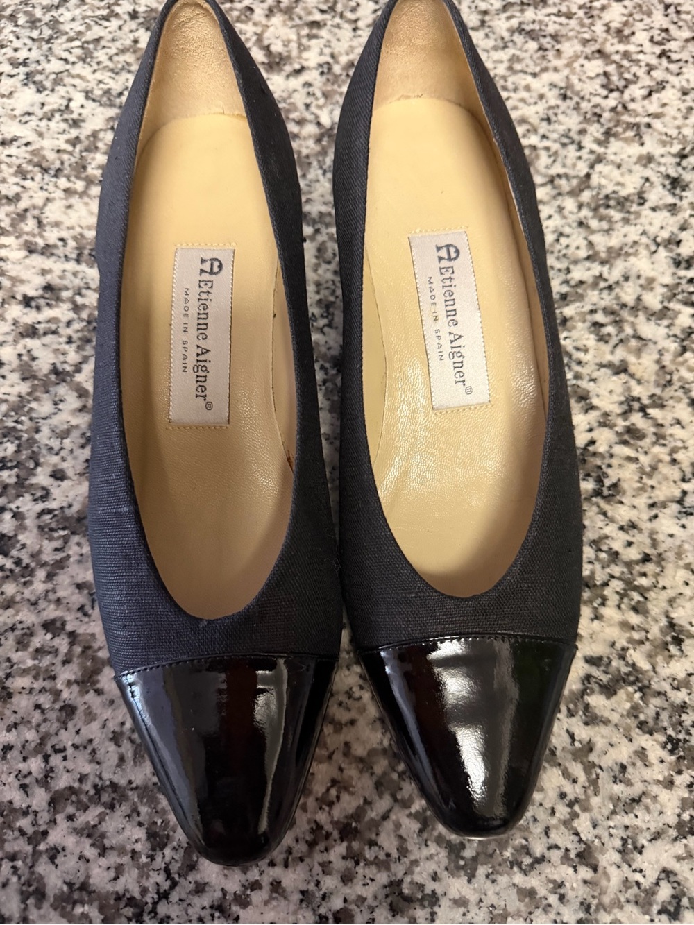 Etienne Aigner Black Fabric Flats with Patent Black Cap Toe